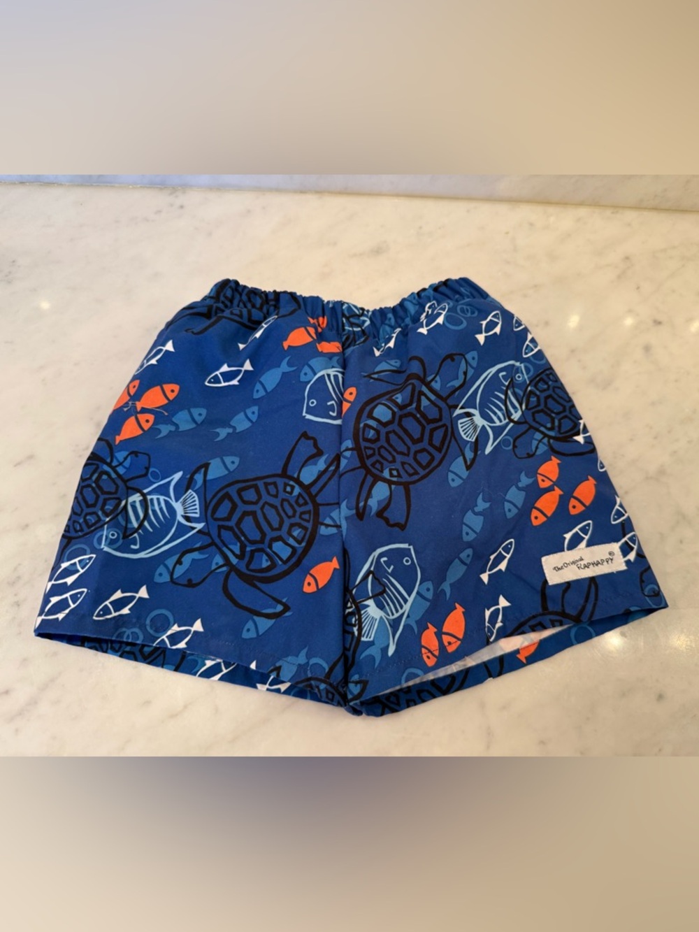 Boys Flap Happy Blue Turtle & Fish Print Kids Swim Shorts Size 12 mo.